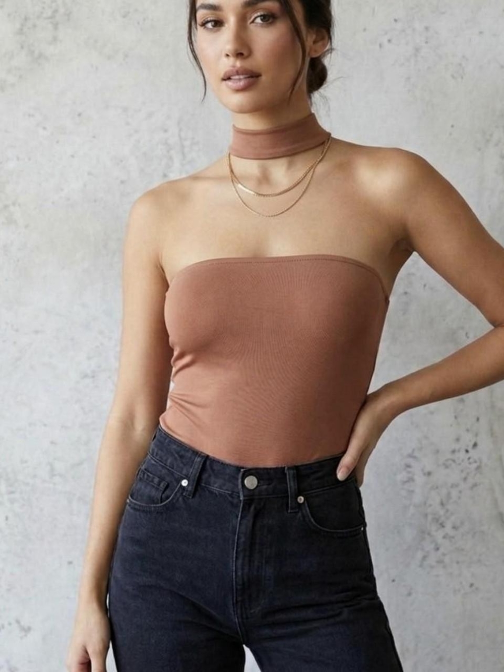 SHEIN Rust Ribbed Strapless Bodysuit
